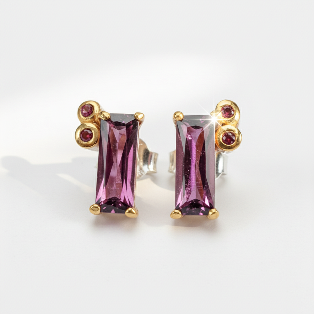 925 Silver Pink Baguette Garnet Earrings, worn view