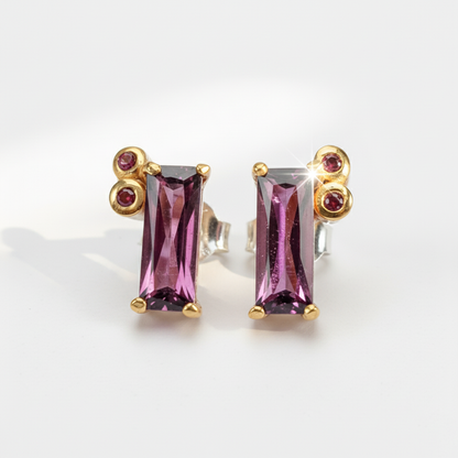 925 Silver Pink Baguette Garnet Earrings, worn view