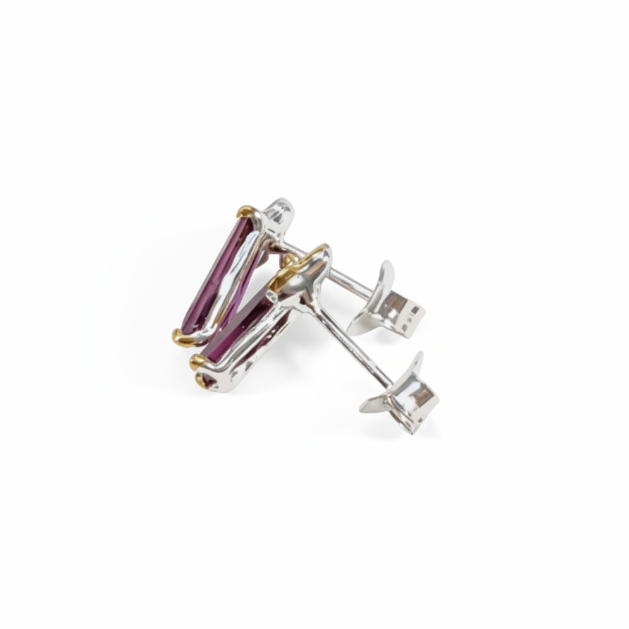 925 Silver Pink Baguette Garnet Earrings, close-up detail