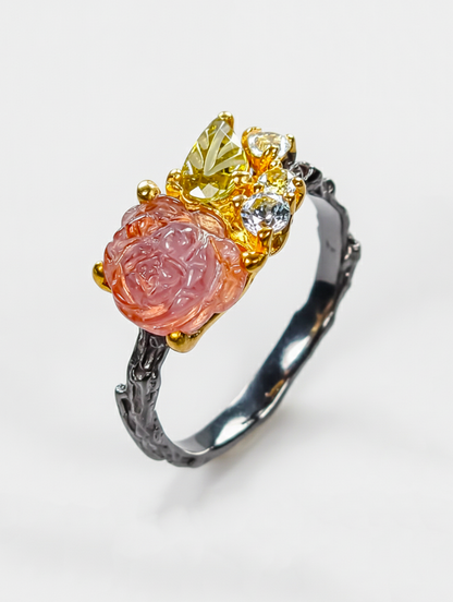 925 Silver Carved Flower Tourmaline Ring