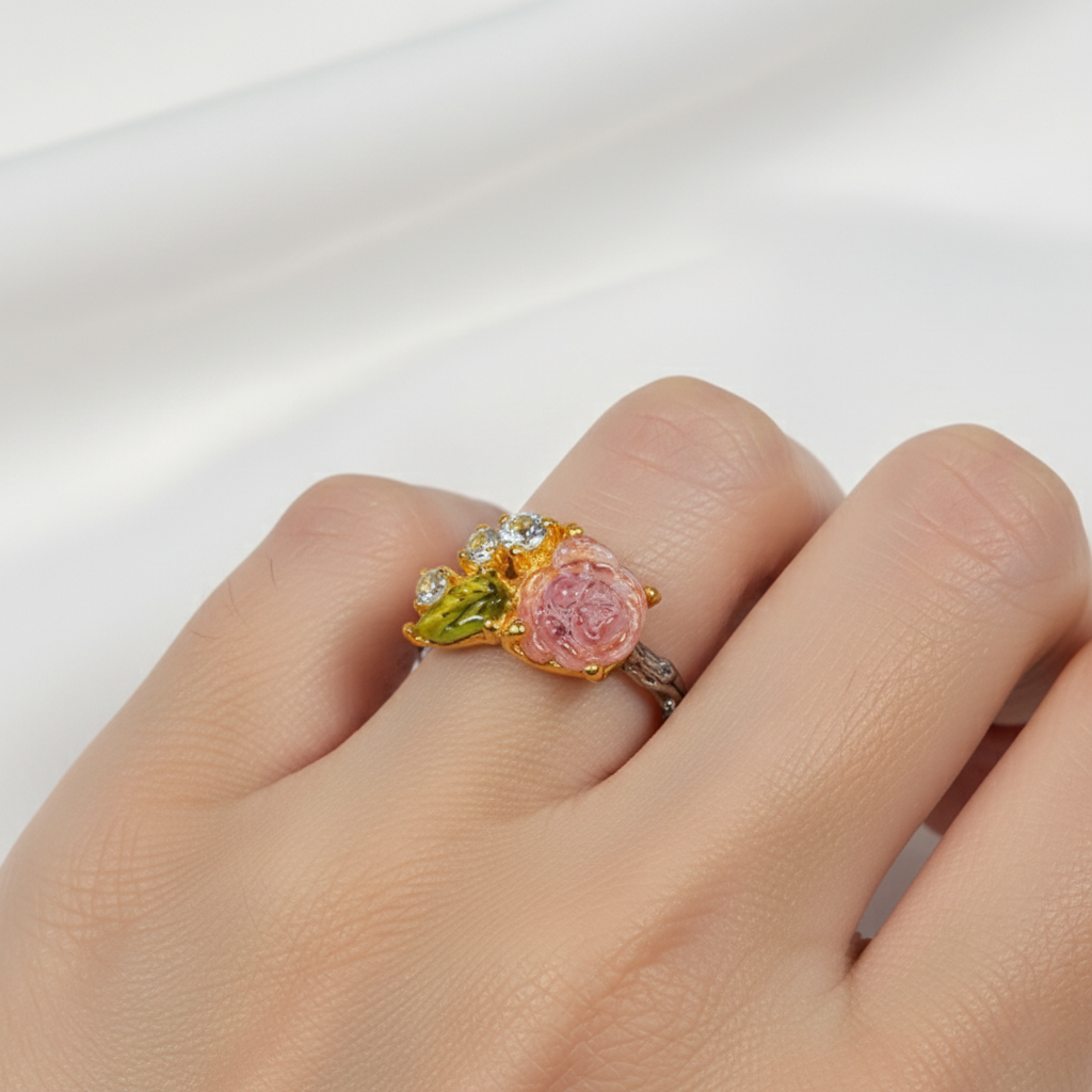 925 Silver Carved Flower Tourmaline Ring