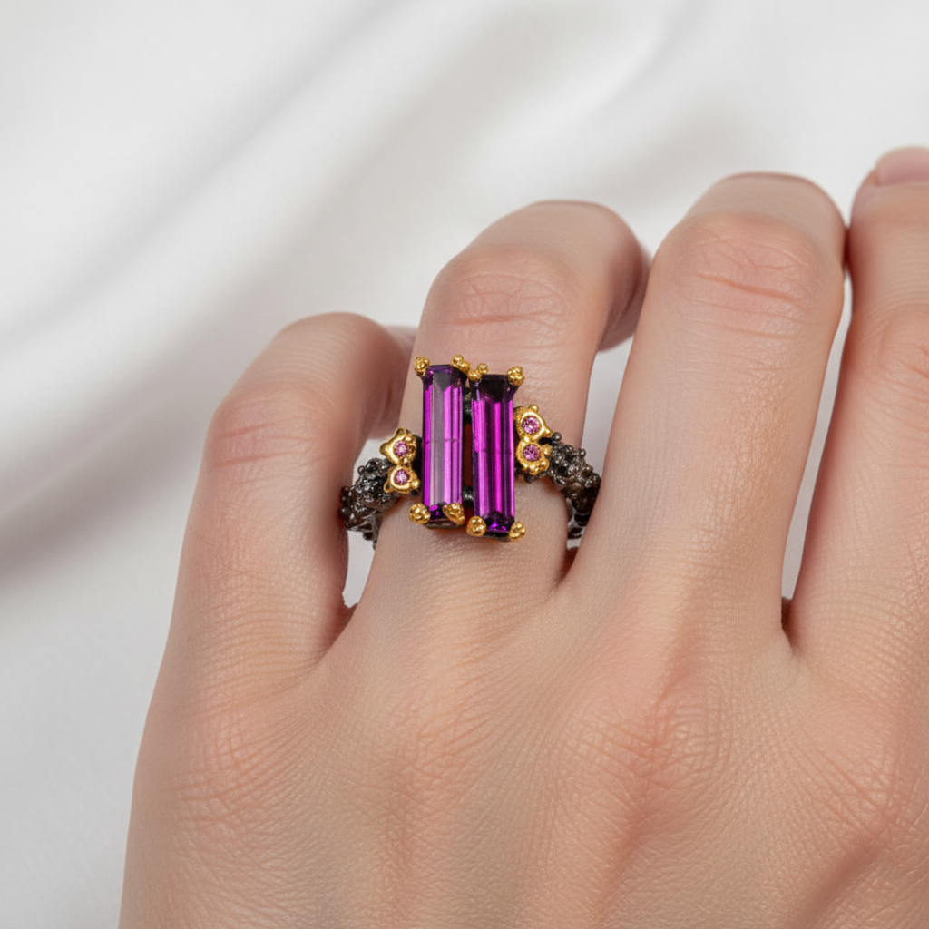 925 Sterling Silver Two Pink Garnets Ring