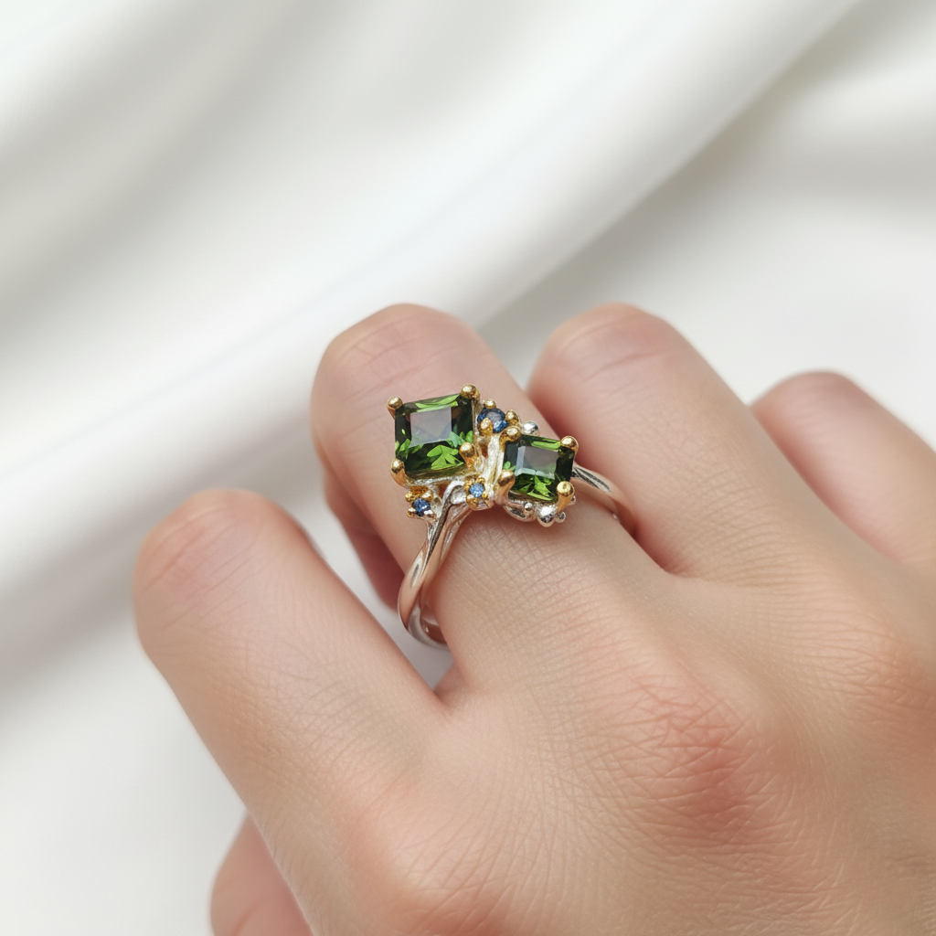 925 Silver Green Tourmaline Toi Et Moi Ring