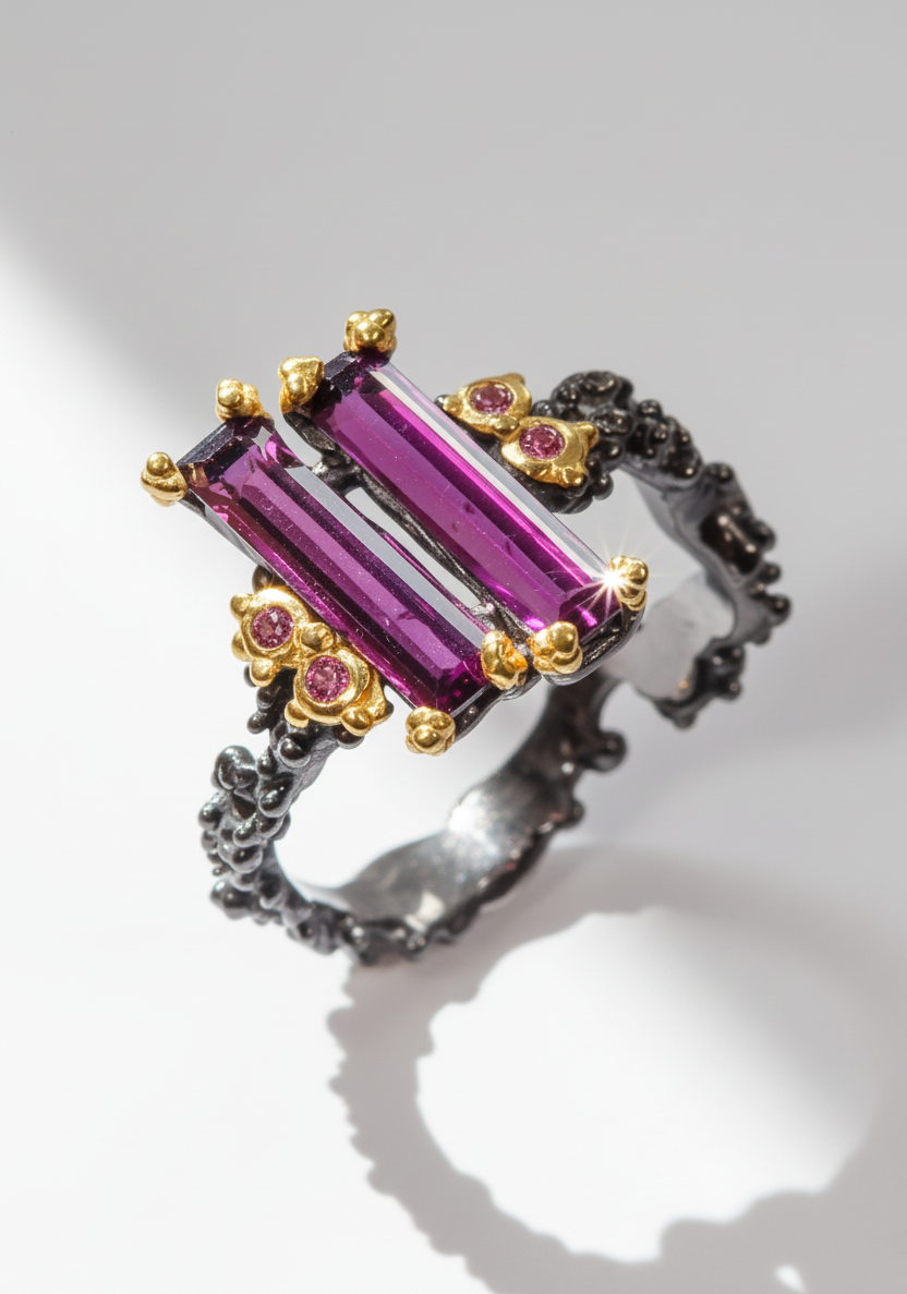 925 Sterling Silver Two Pink Garnets Ring