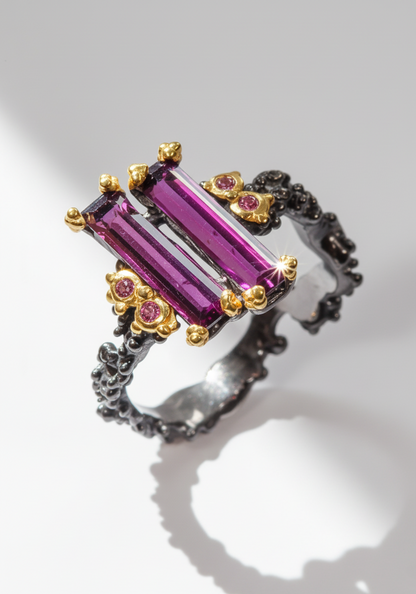 925 Sterling Silver Two Pink Garnets Ring