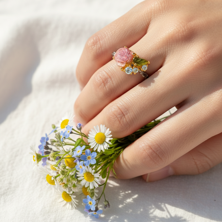 925 Silver Carved Flower Tourmaline Ring