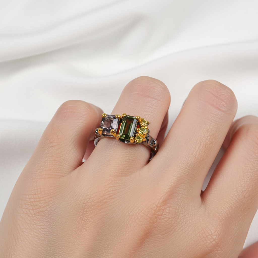 925 Silver Green Tourmaline Toi Et Moi Ring