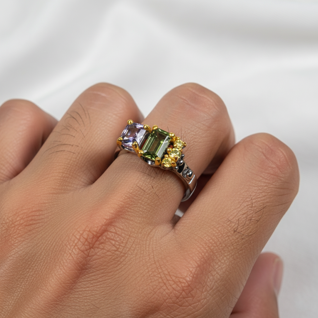 925 Silver Green Tourmaline Toi Et Moi Ring