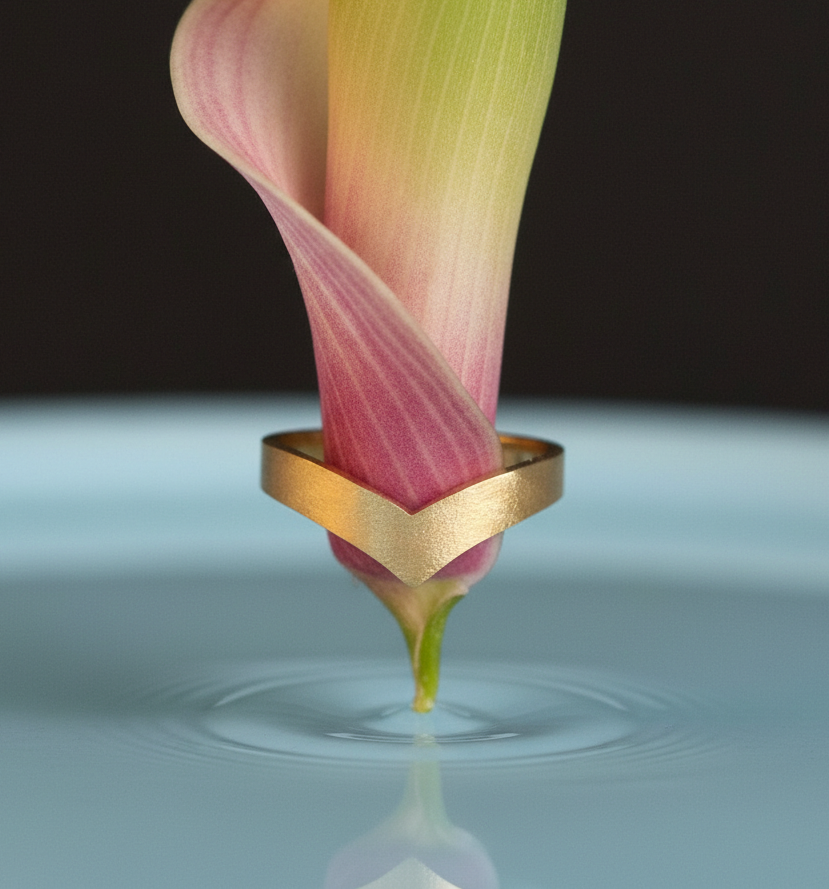 18K solid gold chevron v shape brushed ring