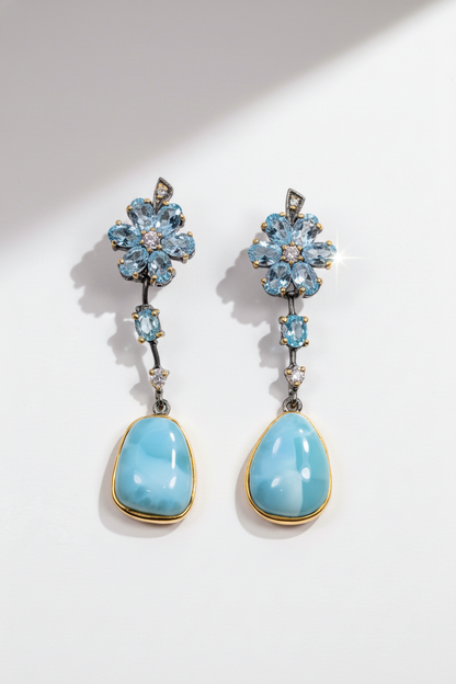925 Sterling Silver Larimar Blue Flower Earrings