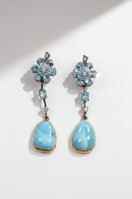 925 Sterling Silver Larimar Blue Flower Earrings