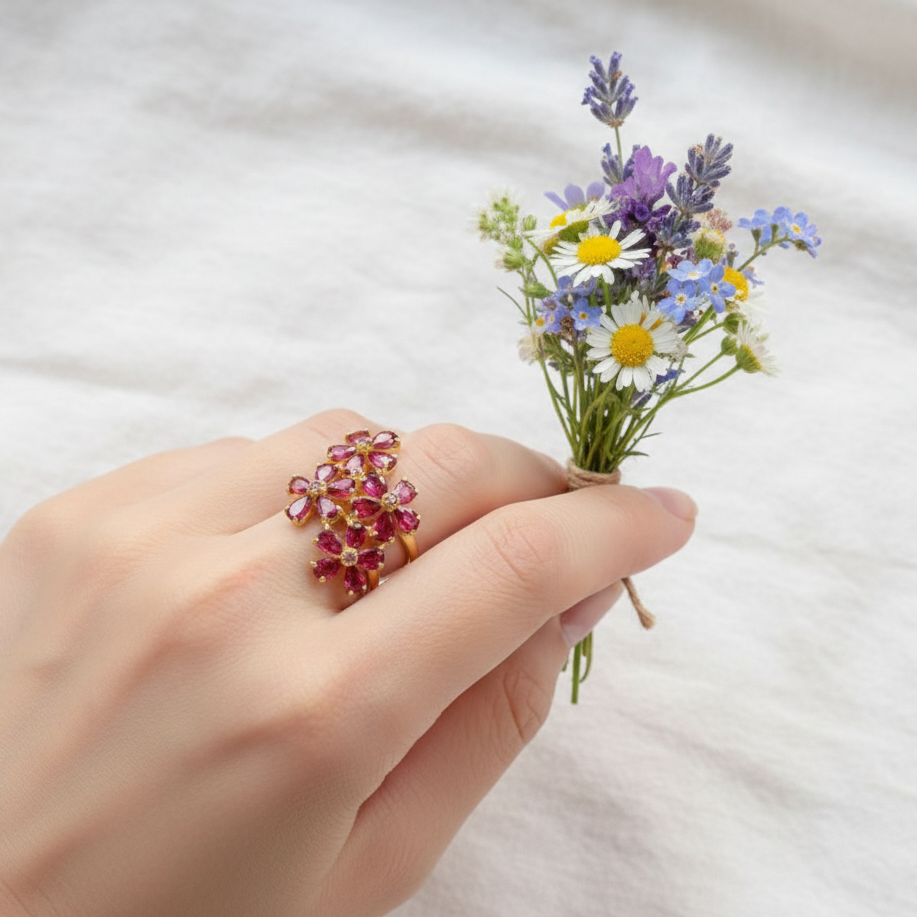 925 Sterling Silver Pink Rhodolite Flower Ring