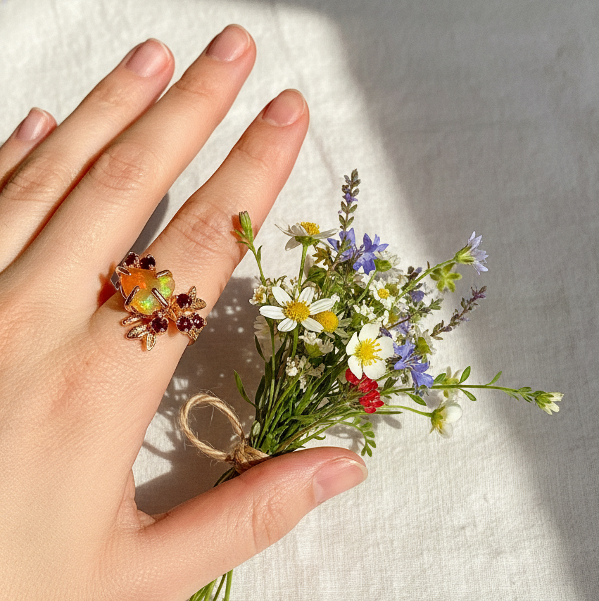 925 sterling silver fire opal rainbow branch ring
