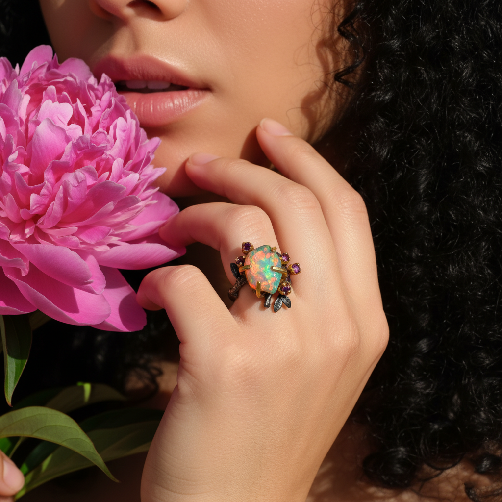 925 sterling silver fire opal rainbow branch ring