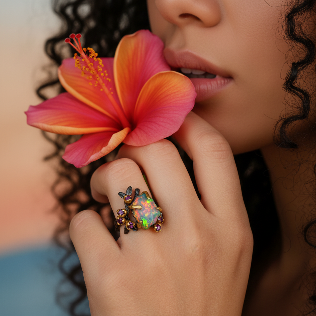 925 sterling silver fire opal rainbow branch ring