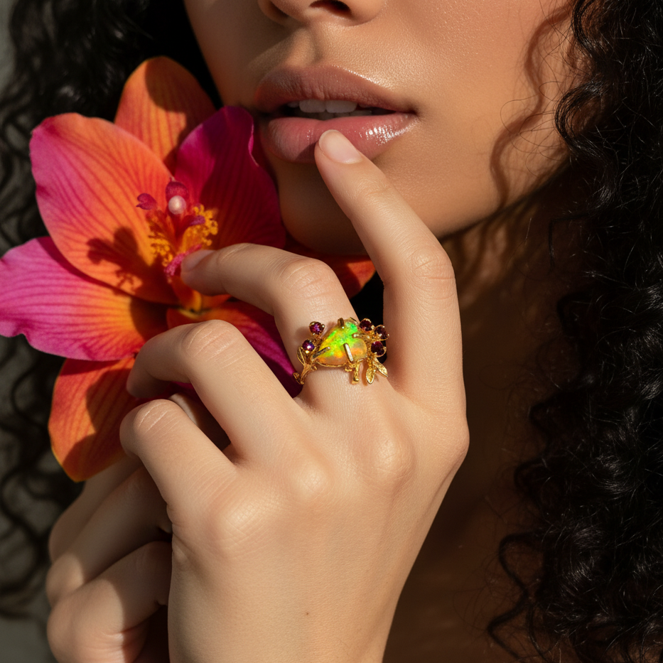 925 sterling silver fire opal rainbow branch ring