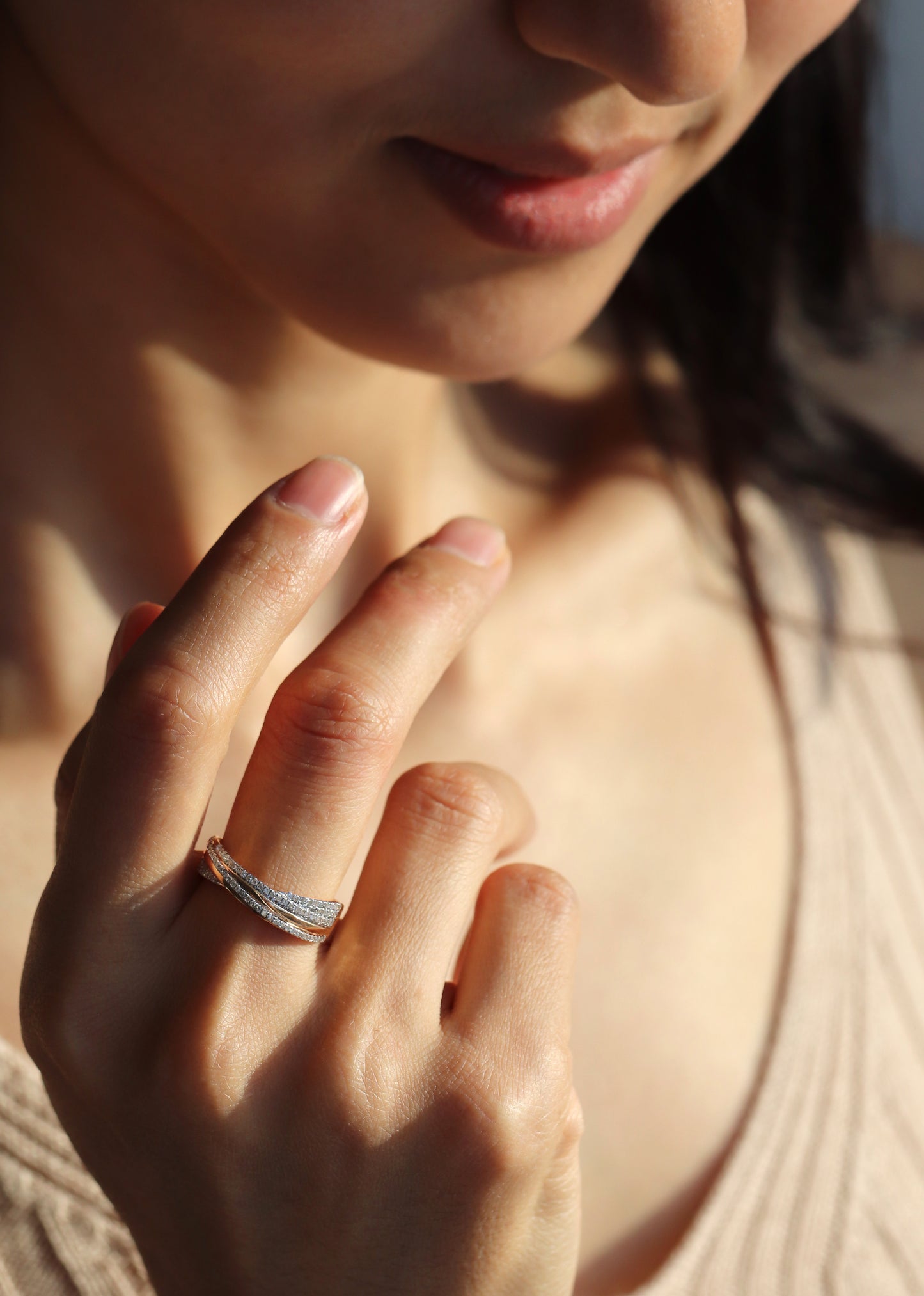 14K Gold Natural Diamond Criss Cross X Ring
