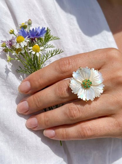 925 silver mother of pearl flower ring
