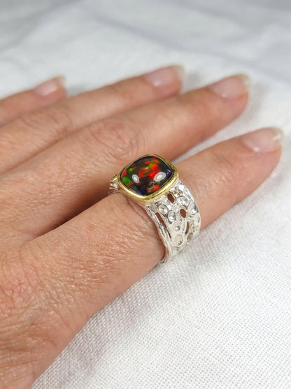 925 Silver Square Black Opal Ring