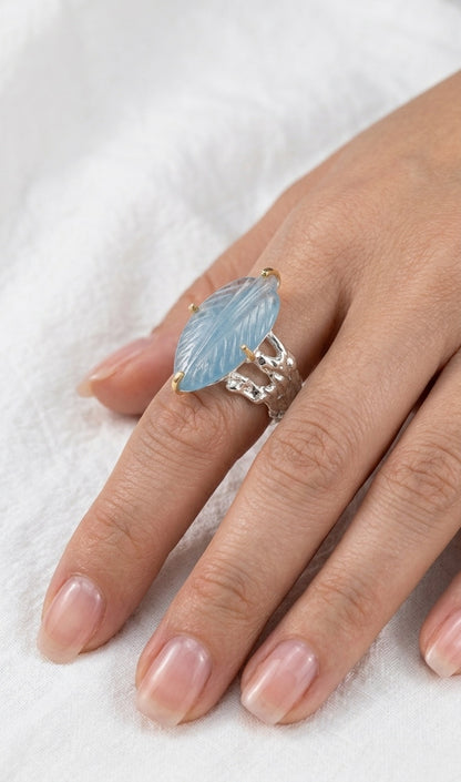 925 silver carved leaf aquamarine ring