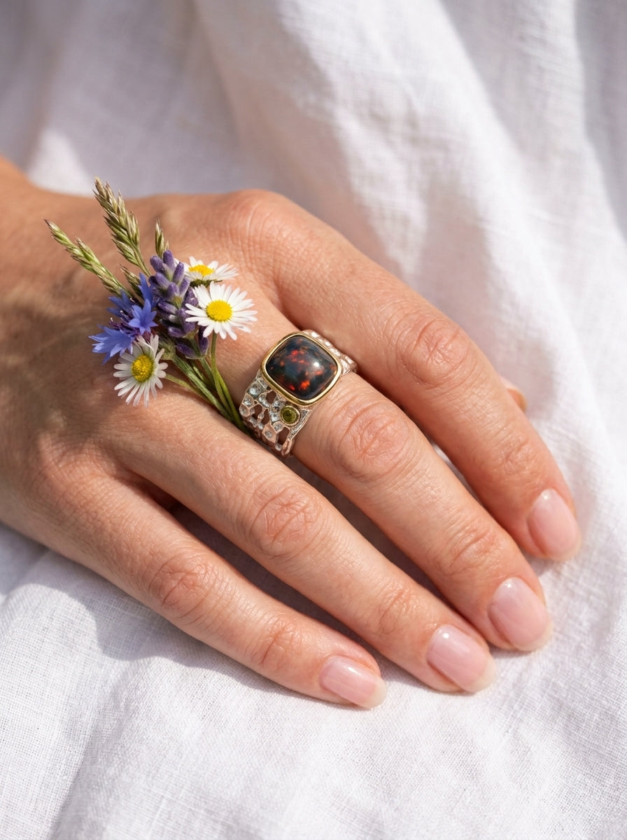 925 Silver Square Black Opal Ring