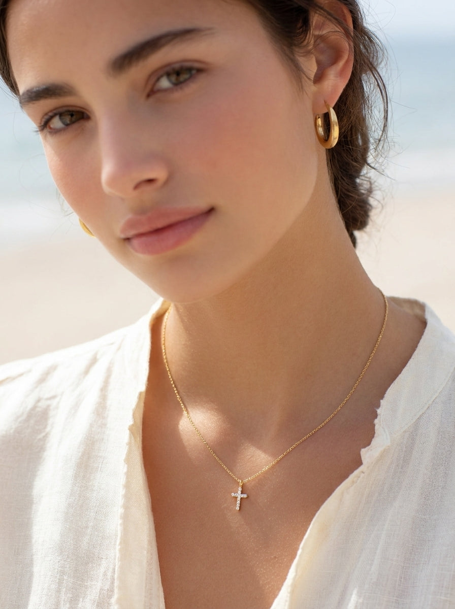 14K Gold Diamond Cross Necklace