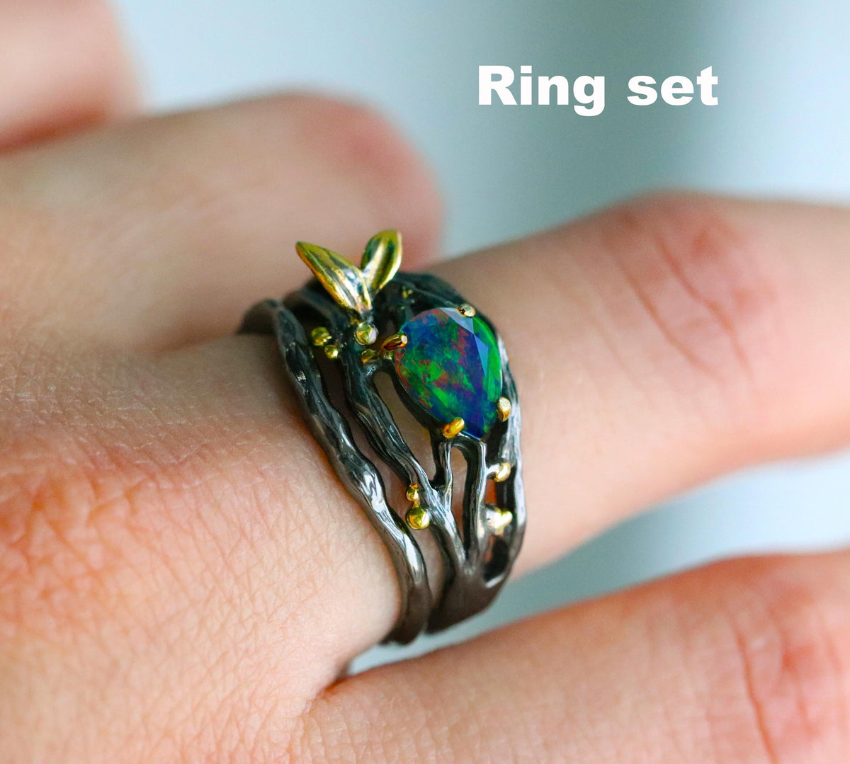 925 Sterling Silver Black Opal Ring, close-up detail