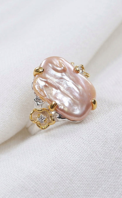 925 Sterling Silver Baroque Pearl Ring, setting detail