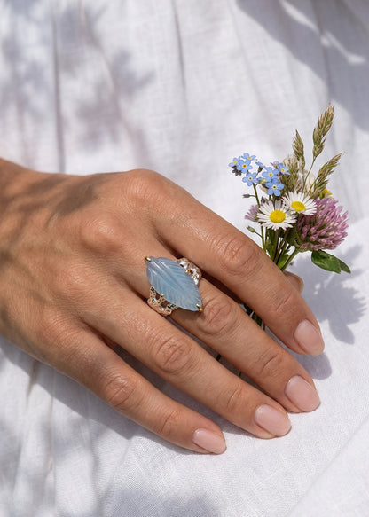 925 silver carved leaf aquamarine ring