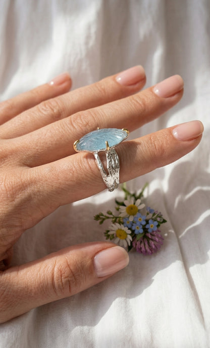 925 silver carved leaf aquamarine ring