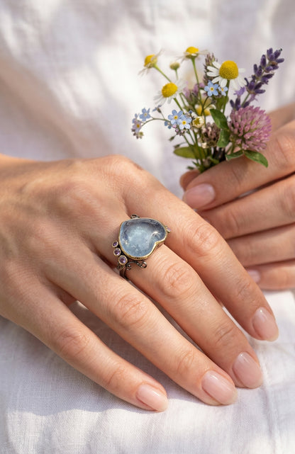 925 Sterling Silver Blue Aquamarine Ring, close-up detail