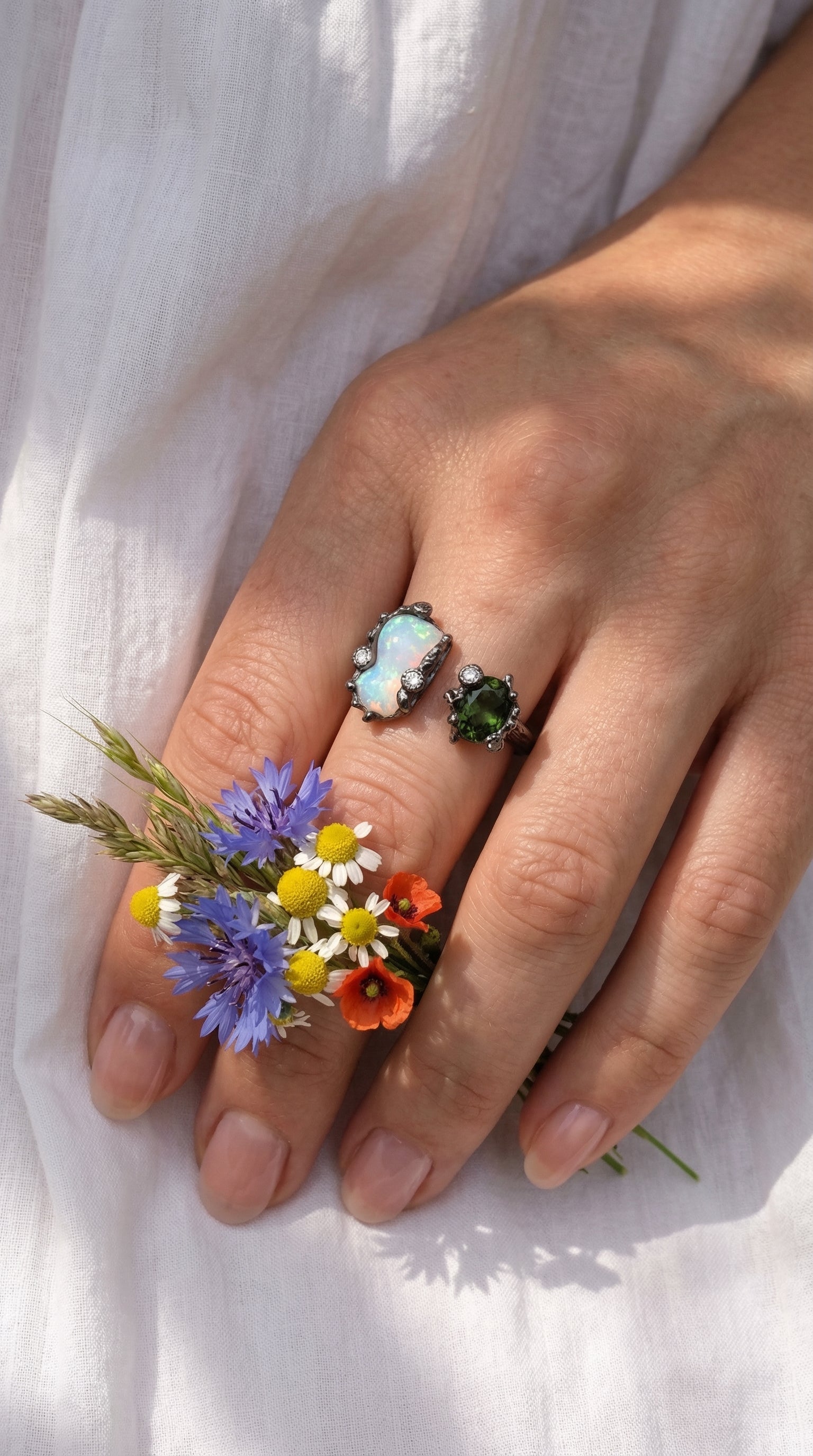 925 Sterling Silver Green Tourmaline Opal Ring, close-up detail