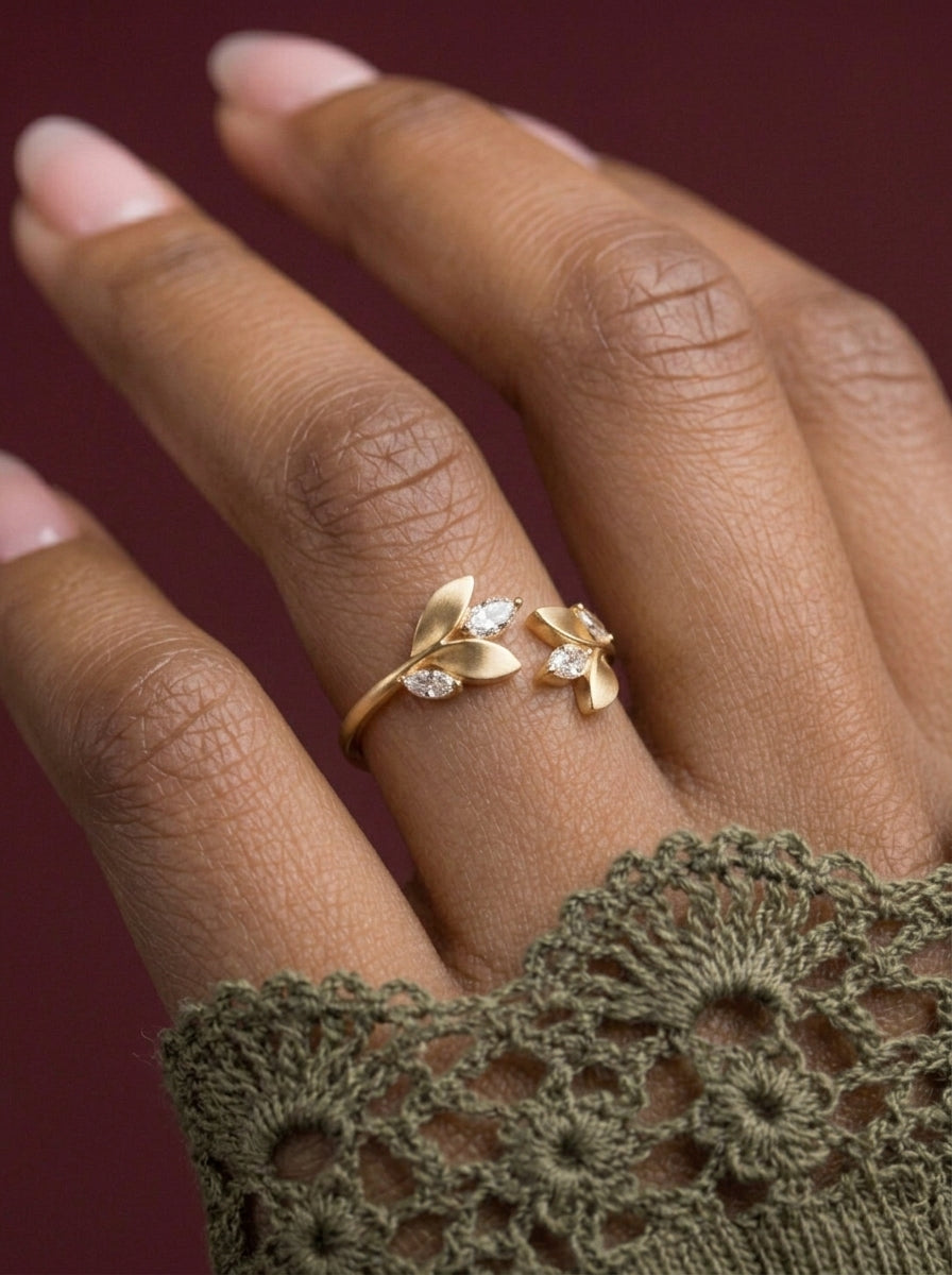 14K Gold Adjustable Leaves Diamonds Ring