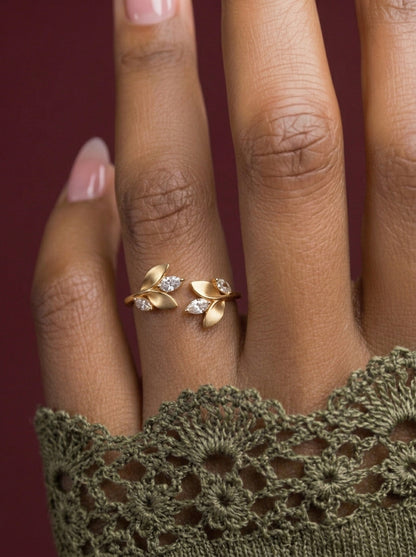 14K Gold Adjustable Leaves Diamonds Ring