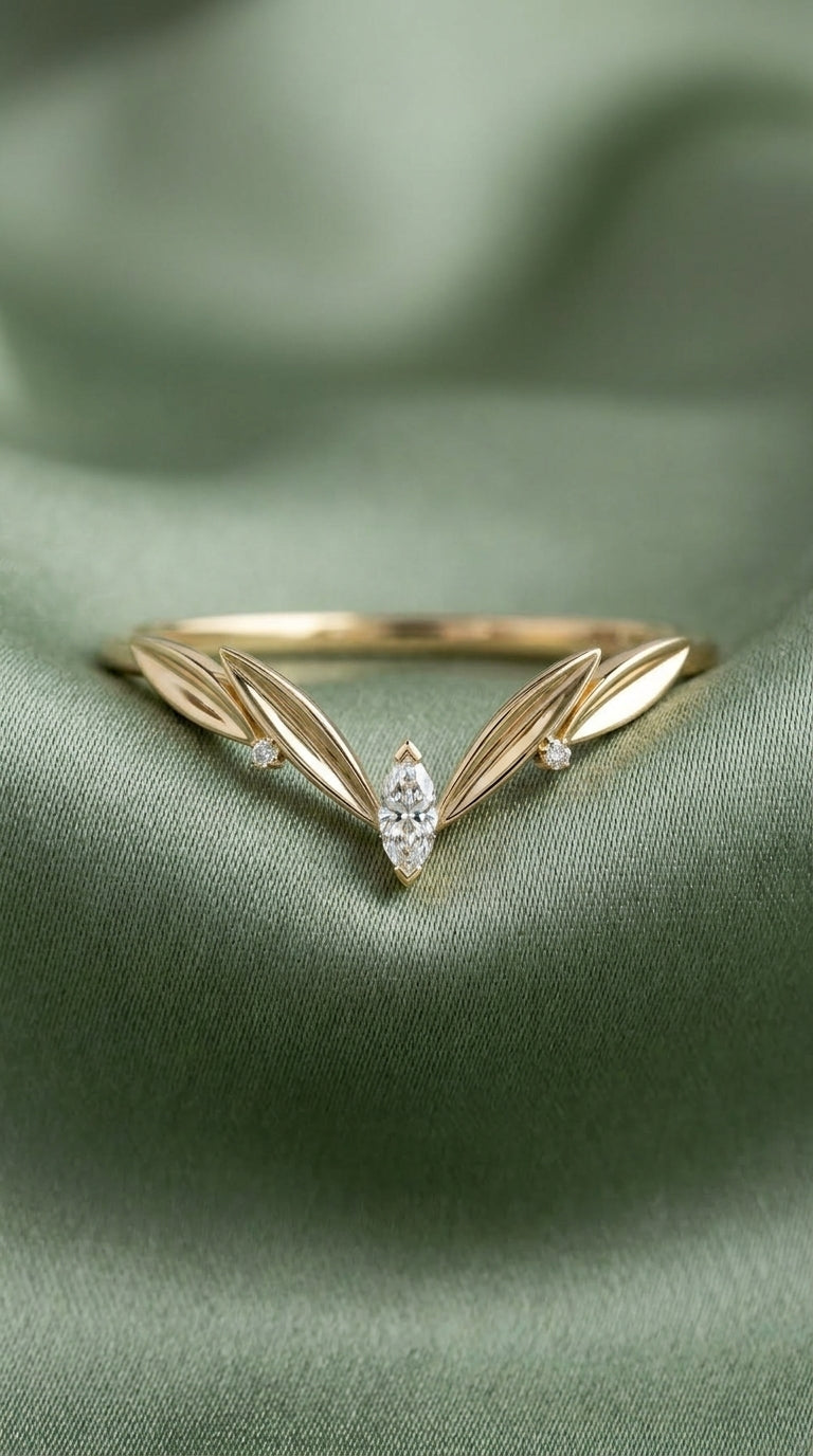 14K Gold Leaf Marquise Wedding Band