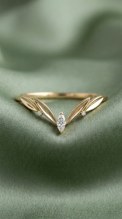 14K Gold Leaf Marquise Wedding Band