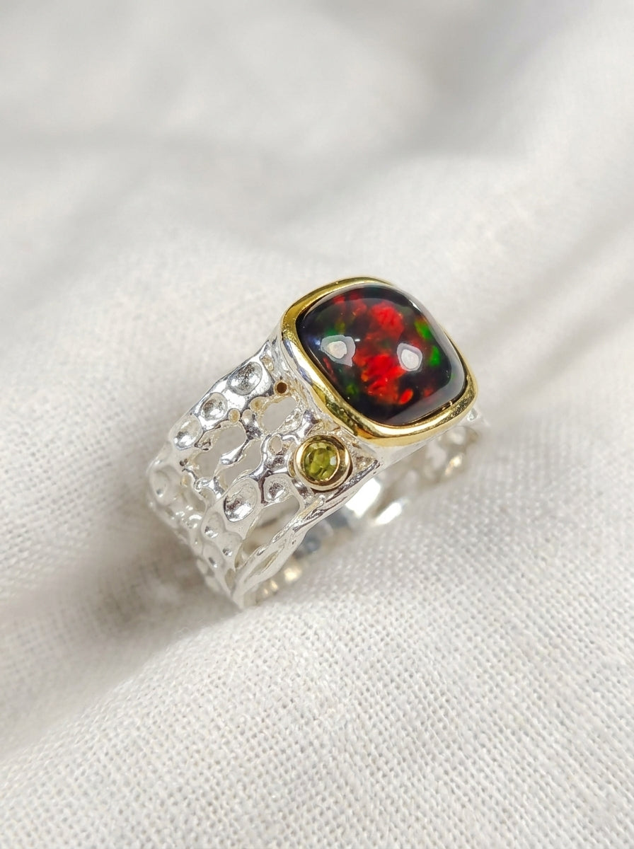 925 Silver Square Black Opal Ring