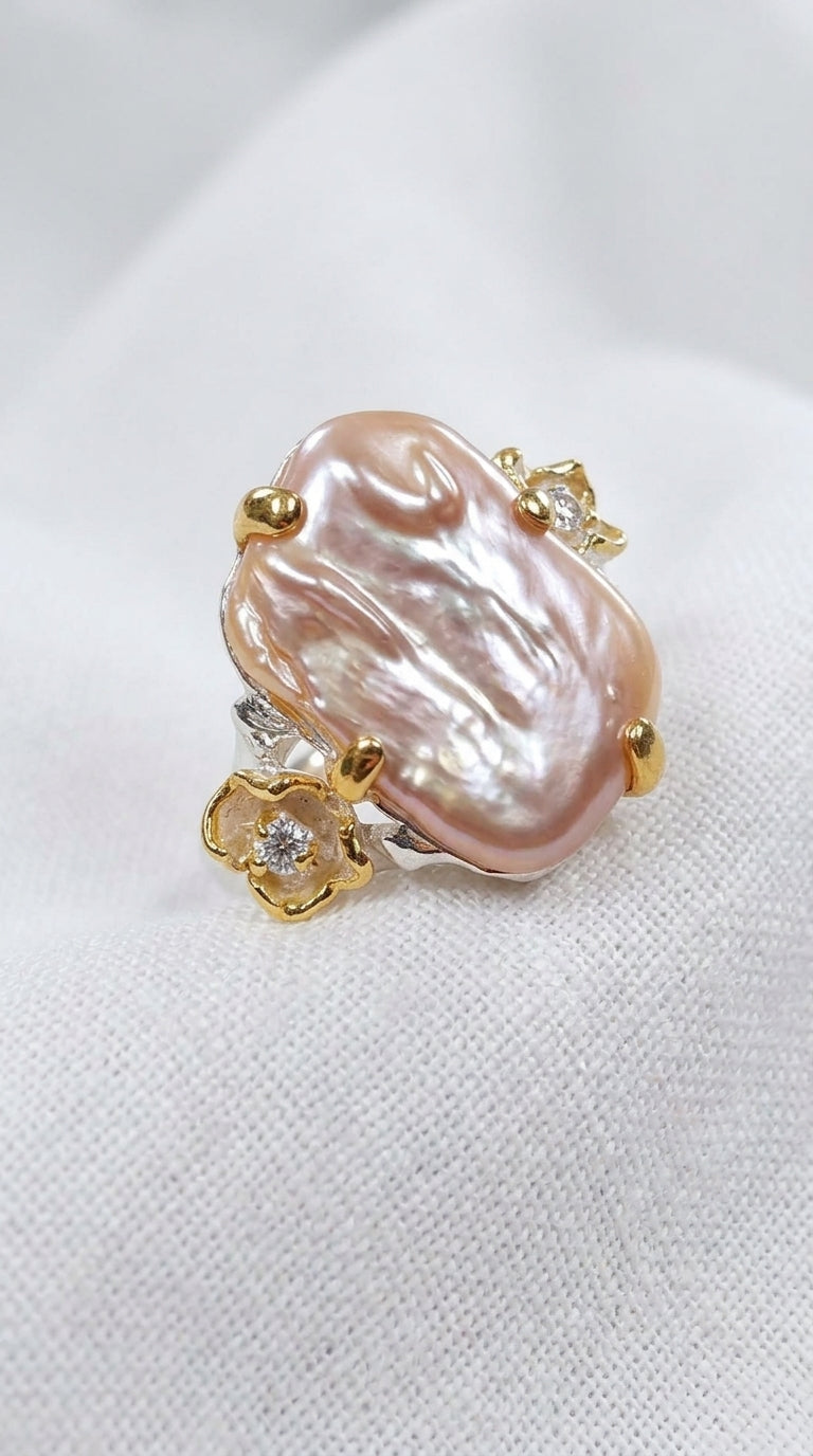 925 Sterling Silver Baroque Pearl Ring, worn look