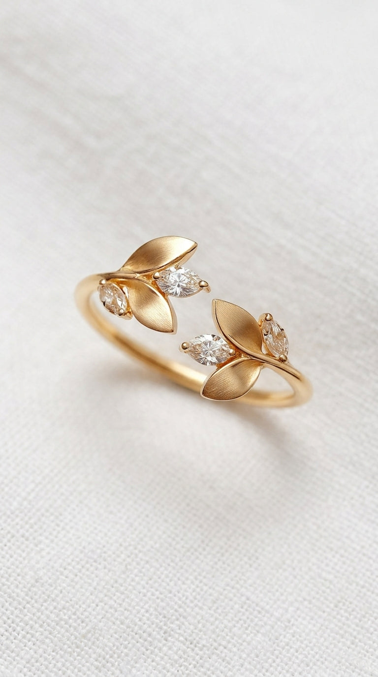 14K Gold Adjustable Leaves Diamonds Ring