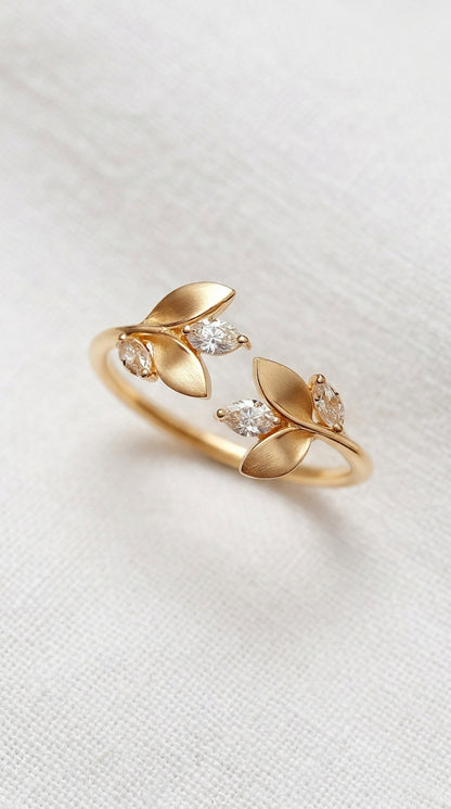 14K Gold Adjustable Leaves Diamonds Ring