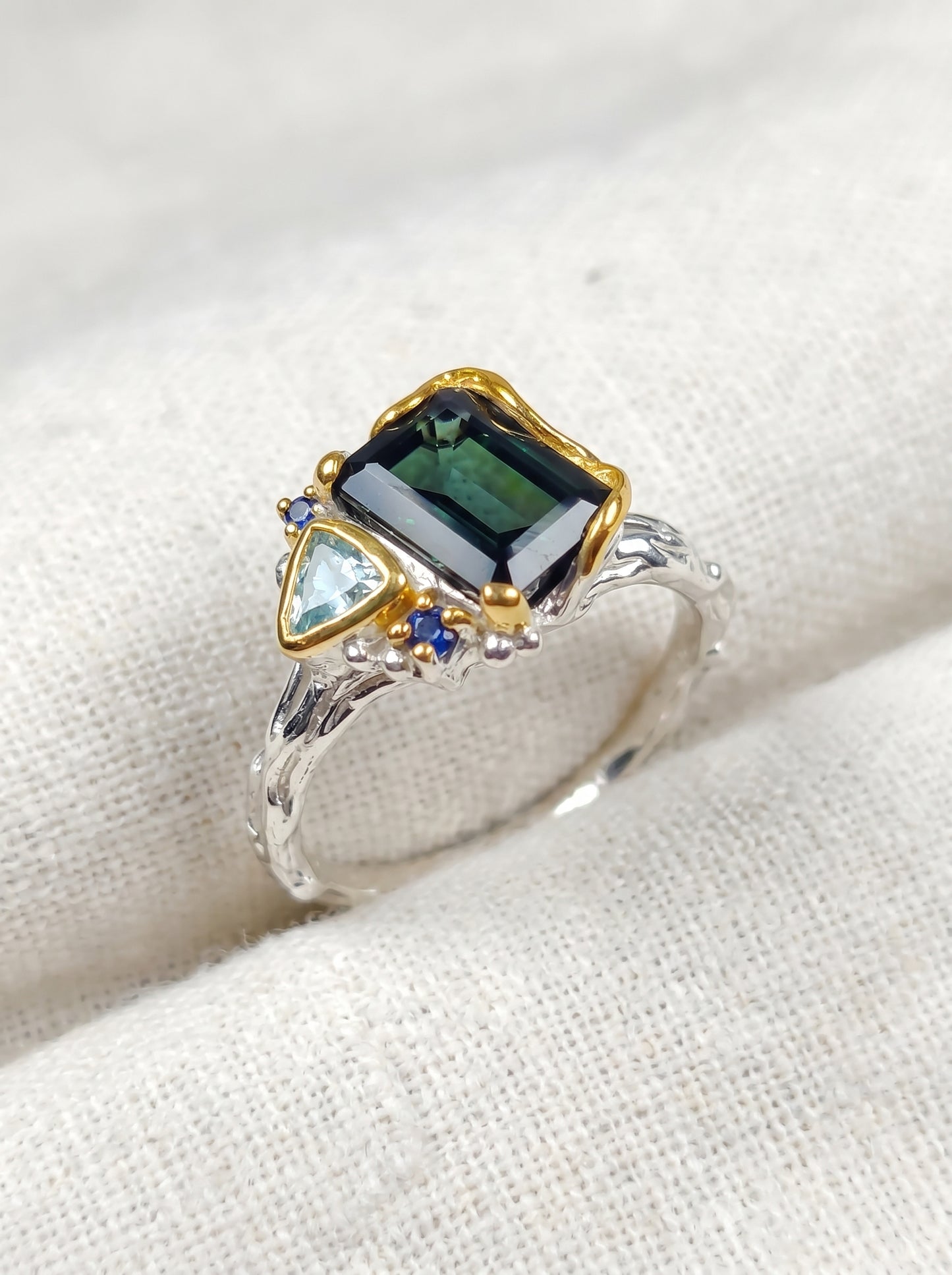 925 Sterling Silver Toi Et Moi Tourmaline Ring, worn look