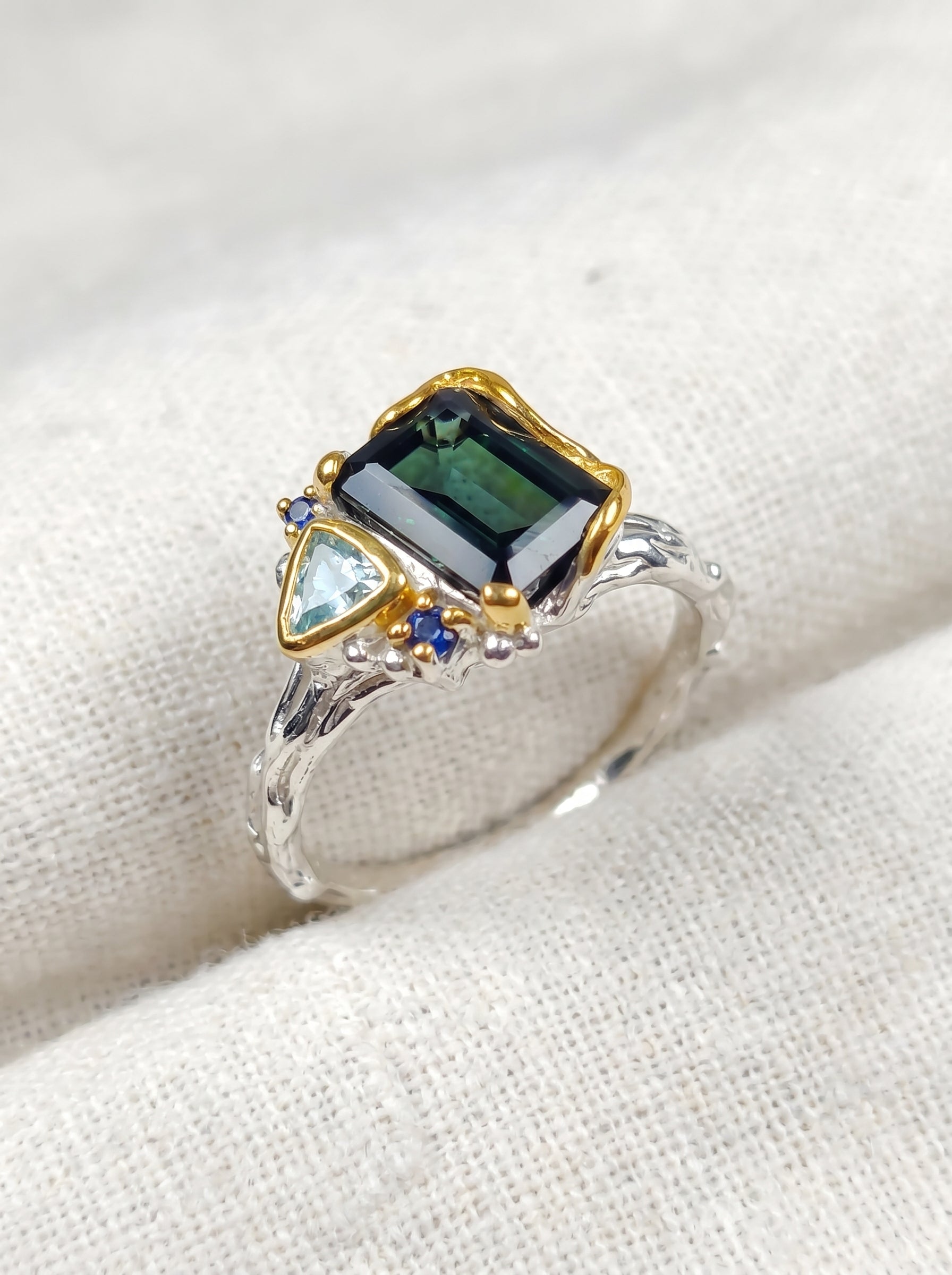 925 Sterling Silver Toi Et Moi Tourmaline Ring, worn look