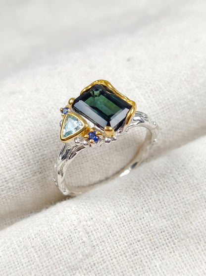 925 Sterling Silver Toi Et Moi Tourmaline Ring, worn look