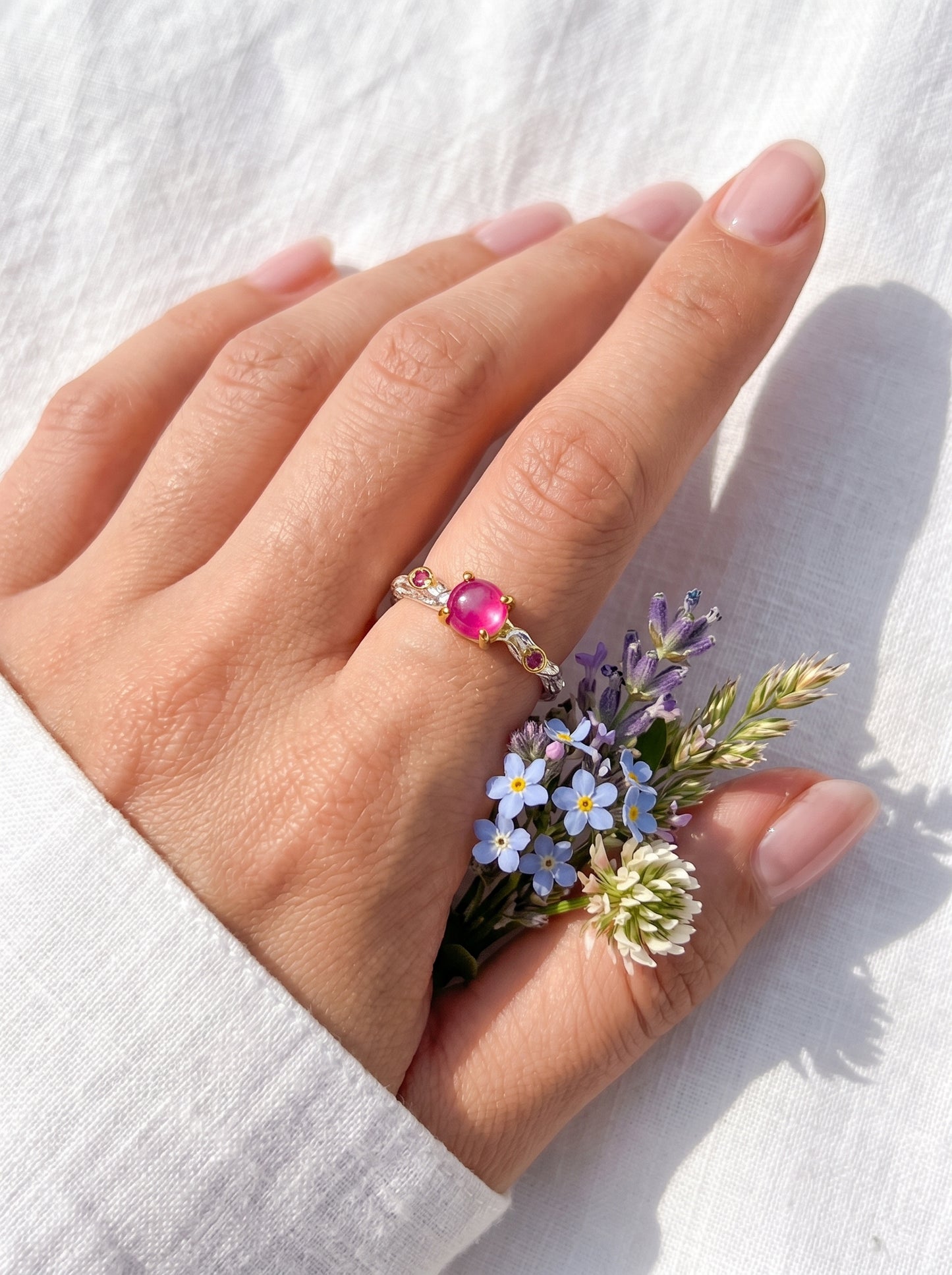 925 silver pink ruby dainty branch ring