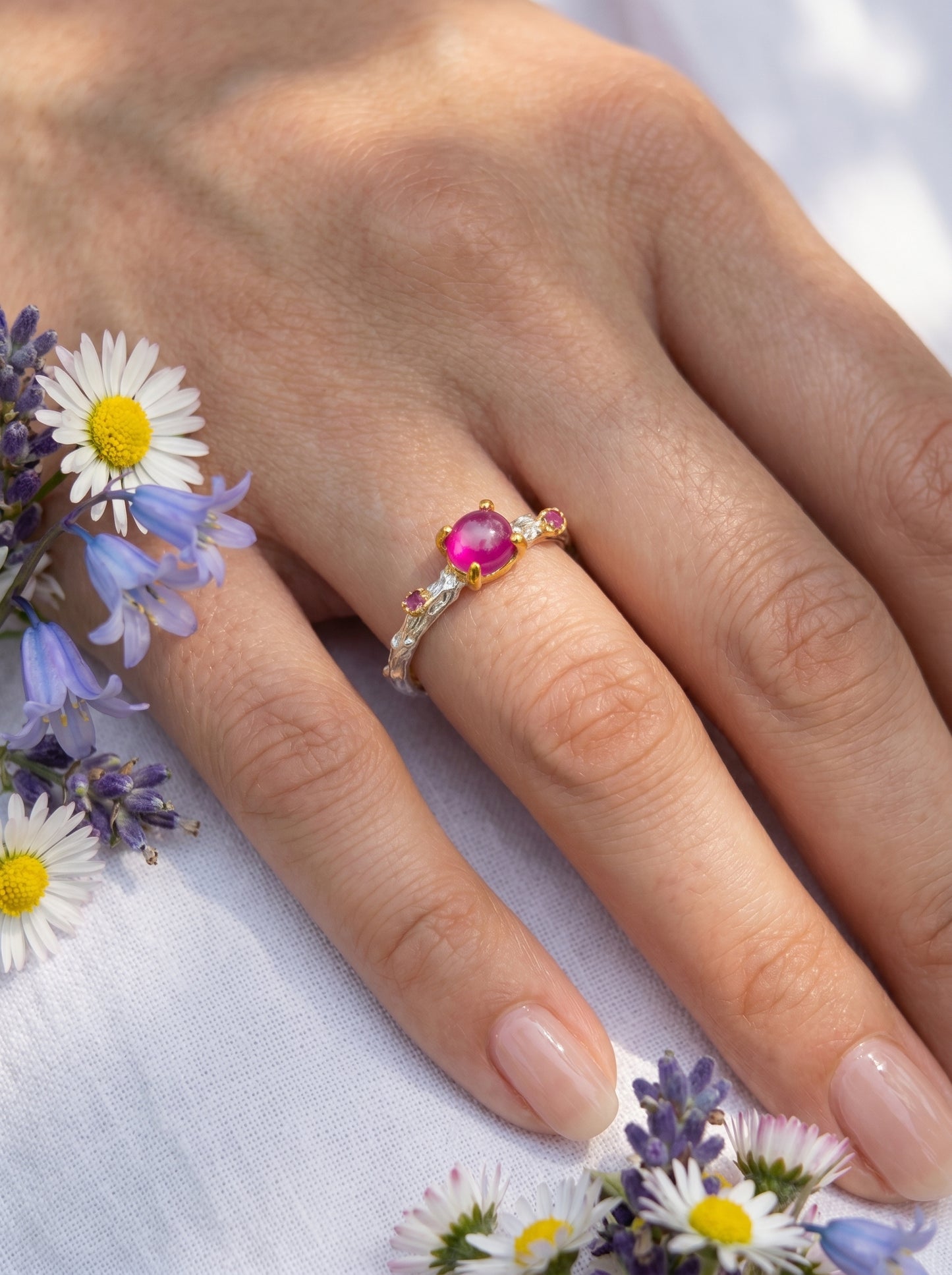 925 silver pink ruby dainty branch ring