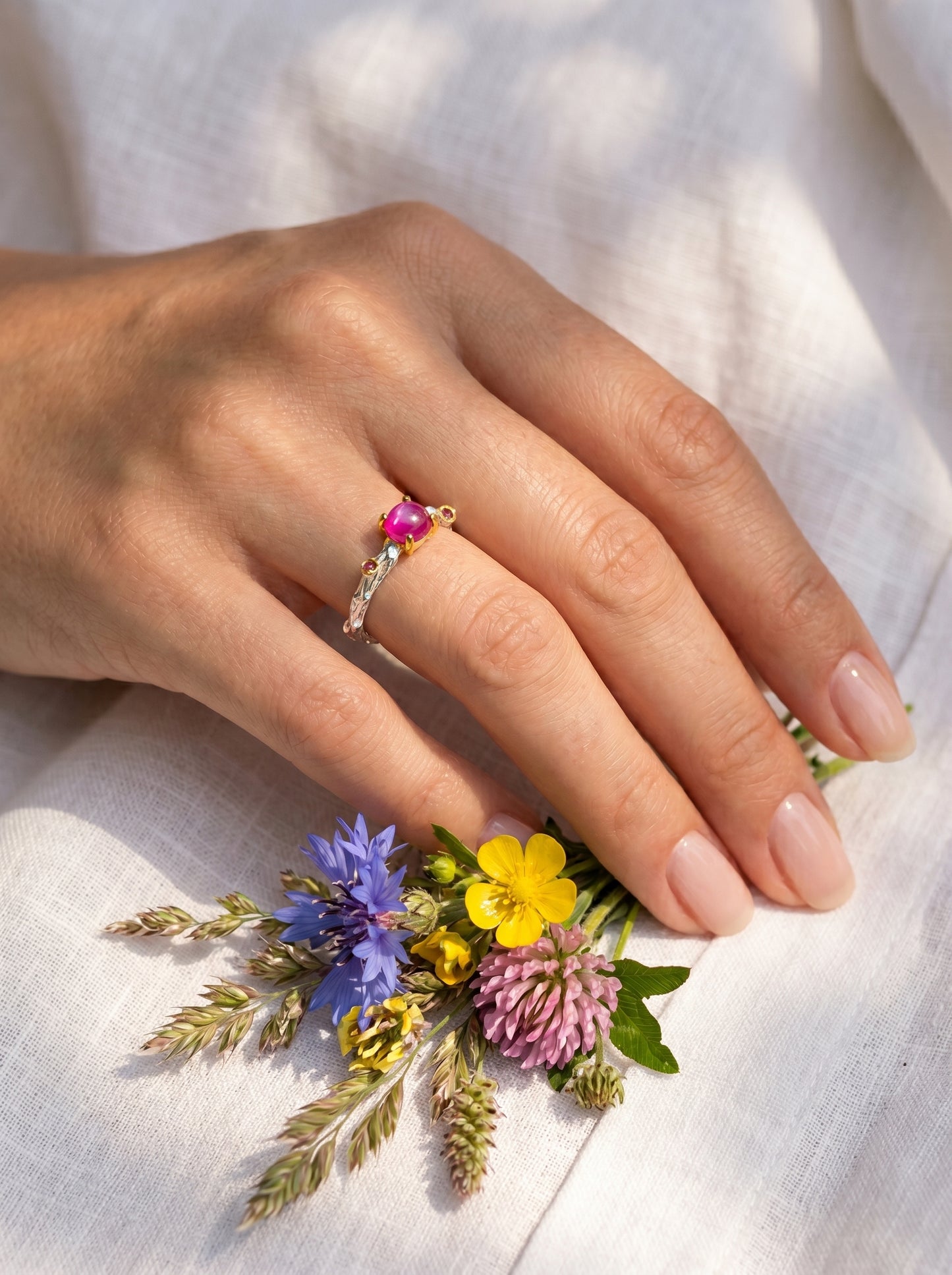 925 silver pink ruby dainty branch ring