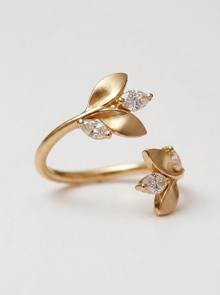 14K Gold Adjustable Leaves Diamonds Ring