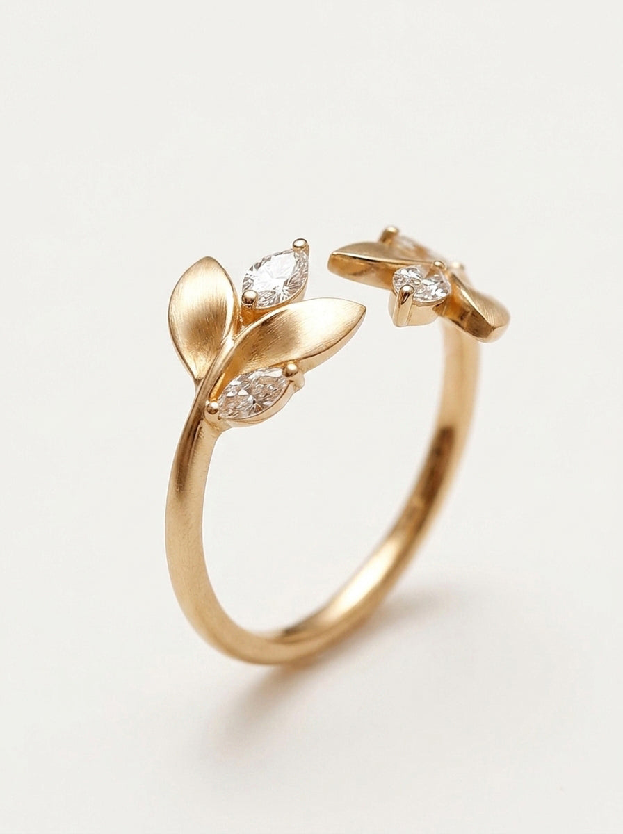 14K Gold Adjustable Leaves Diamonds Ring