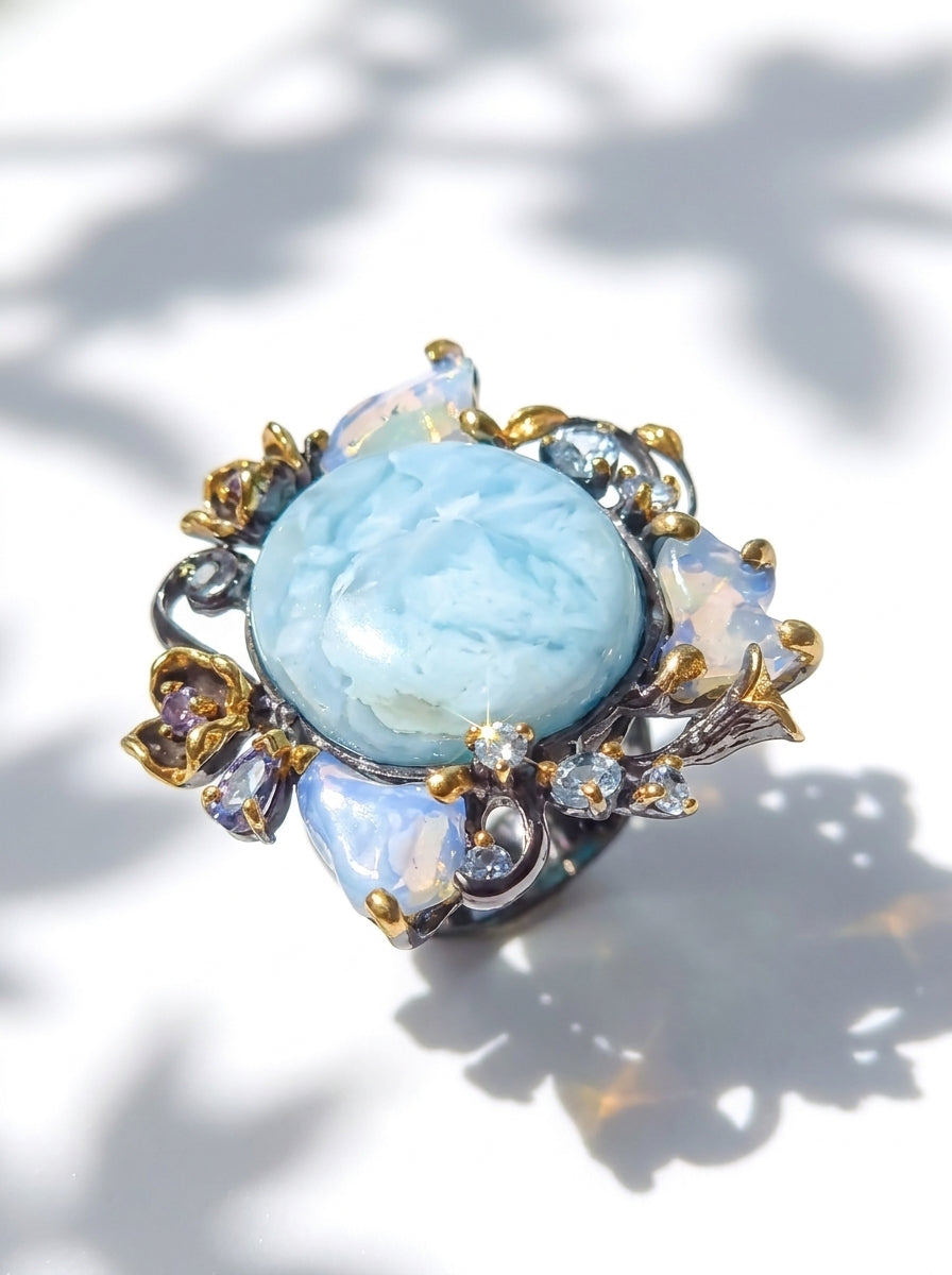 925 silver larimar opal statement ring