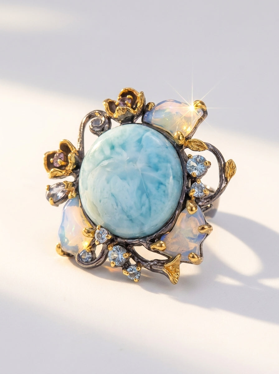 925 silver larimar opal statement ring